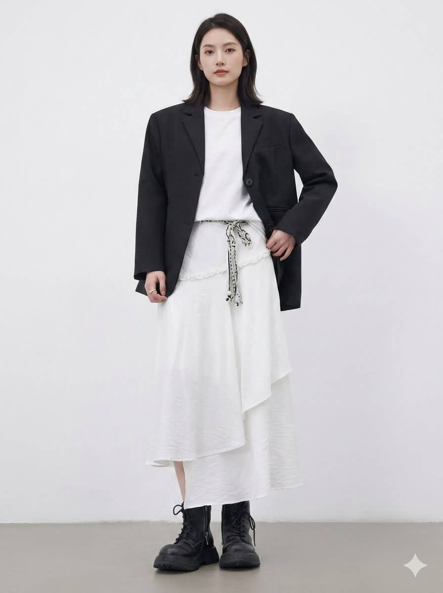 High-Waisted White Asymmetric Midi Skirt with Removable Belt - Loose Casual Pleated Skirt for Women, 2026 Summer