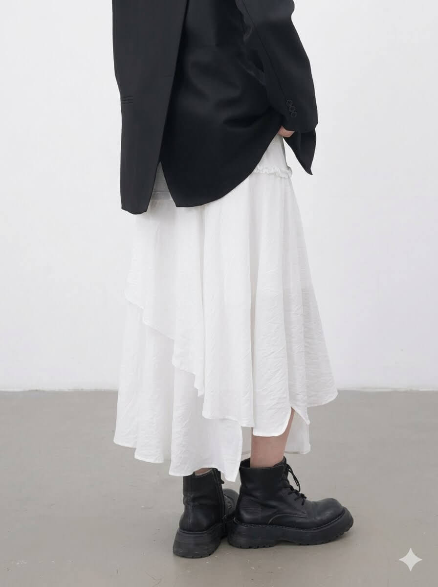 High-Waisted White Asymmetric Midi Skirt with Removable Belt - Loose Casual Pleated Skirt for Women, 2026 Summer