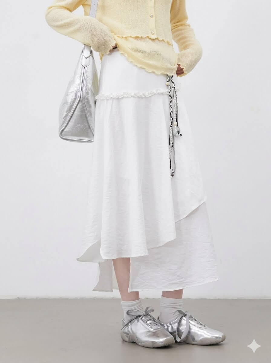 High-Waisted White Asymmetric Midi Skirt with Removable Belt - Loose Casual Pleated Skirt for Women, 2026 Summer