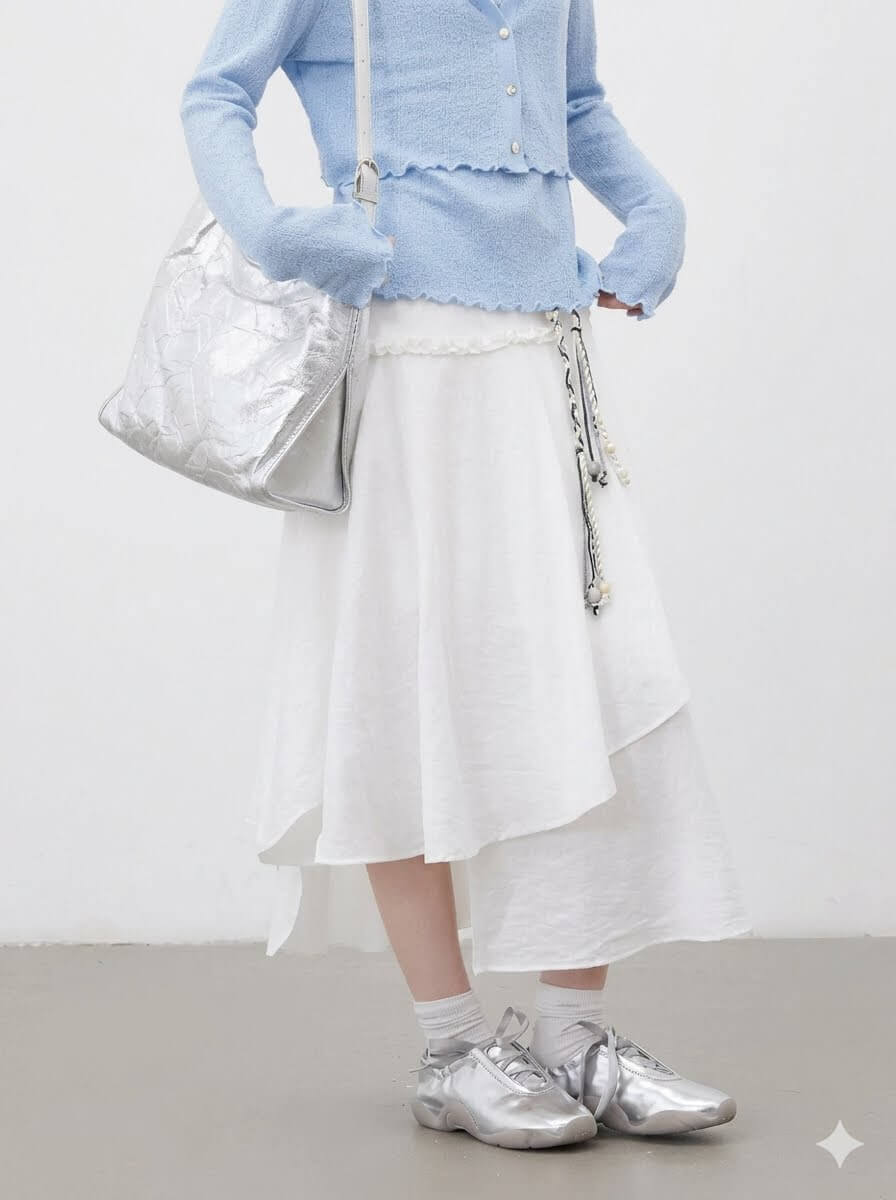 High-Waisted White Asymmetric Midi Skirt with Removable Belt - Loose Casual Pleated Skirt for Women, 2026 Summer