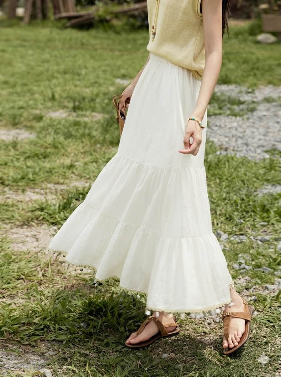 Minimalist Solid A-Line Midi Skirt with Elastic Waist - Shell Webbing Trim Summer Skirt for Women