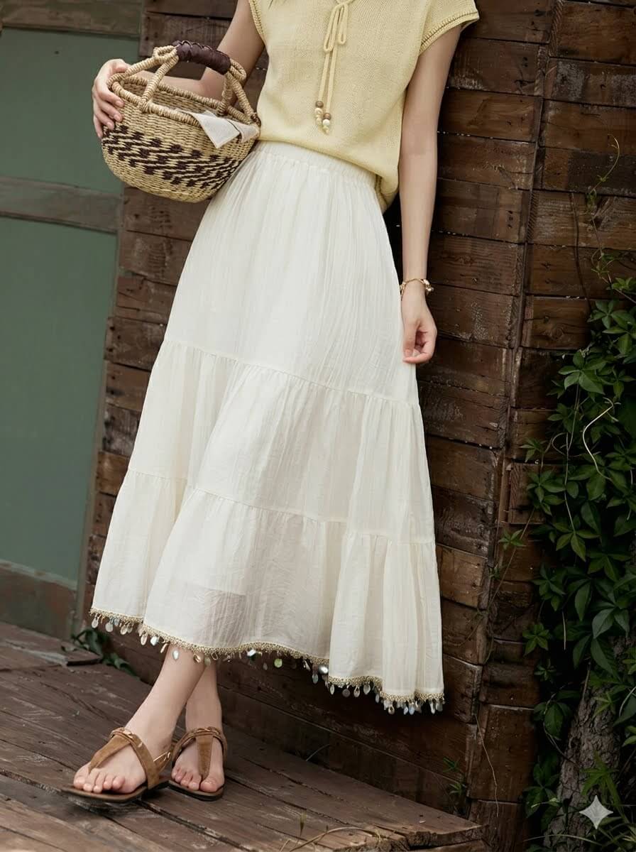 Minimalist Solid A-Line Midi Skirt with Elastic Waist - Shell Webbing Trim Summer Skirt for Women