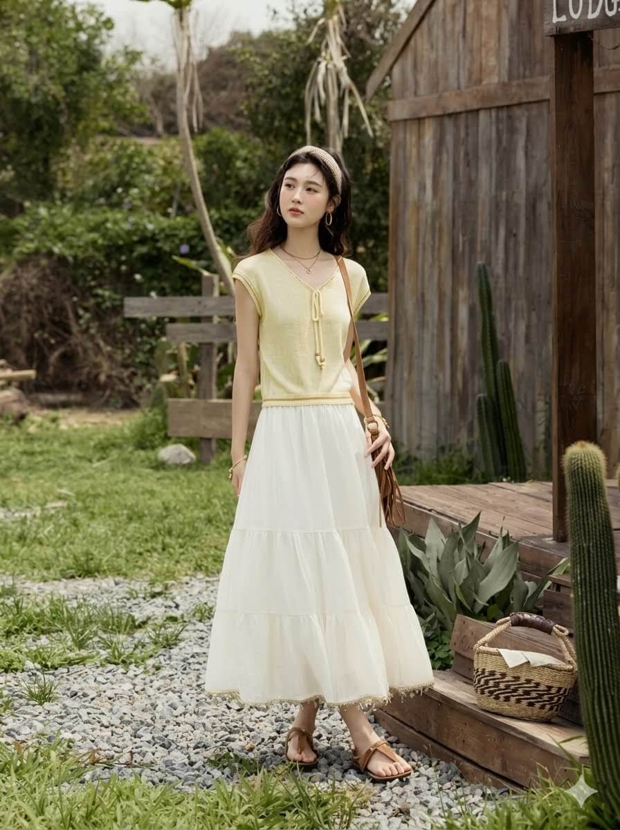 Minimalist Solid A-Line Midi Skirt with Elastic Waist - Shell Webbing Trim Summer Skirt for Women