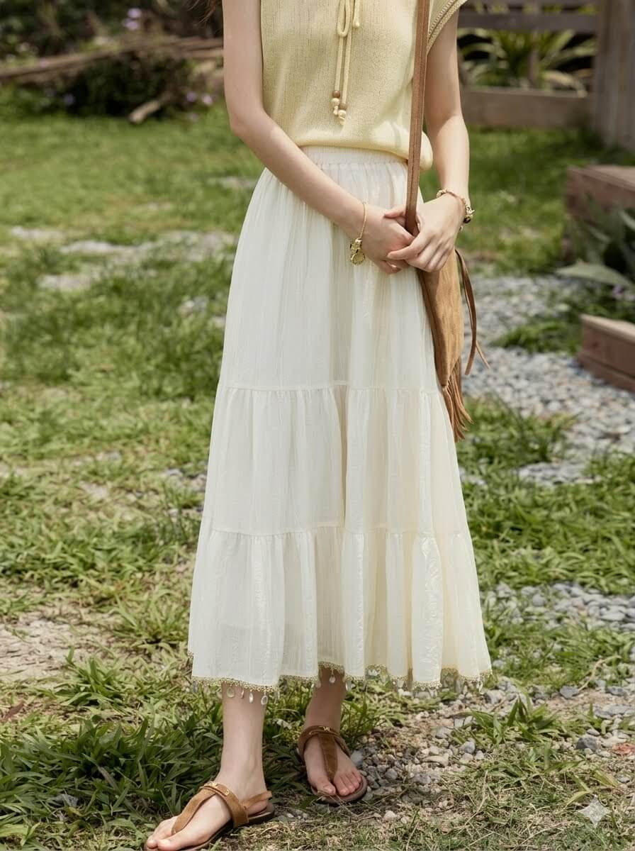 Minimalist Solid A-Line Midi Skirt with Elastic Waist - Shell Webbing Trim Summer Skirt for Women