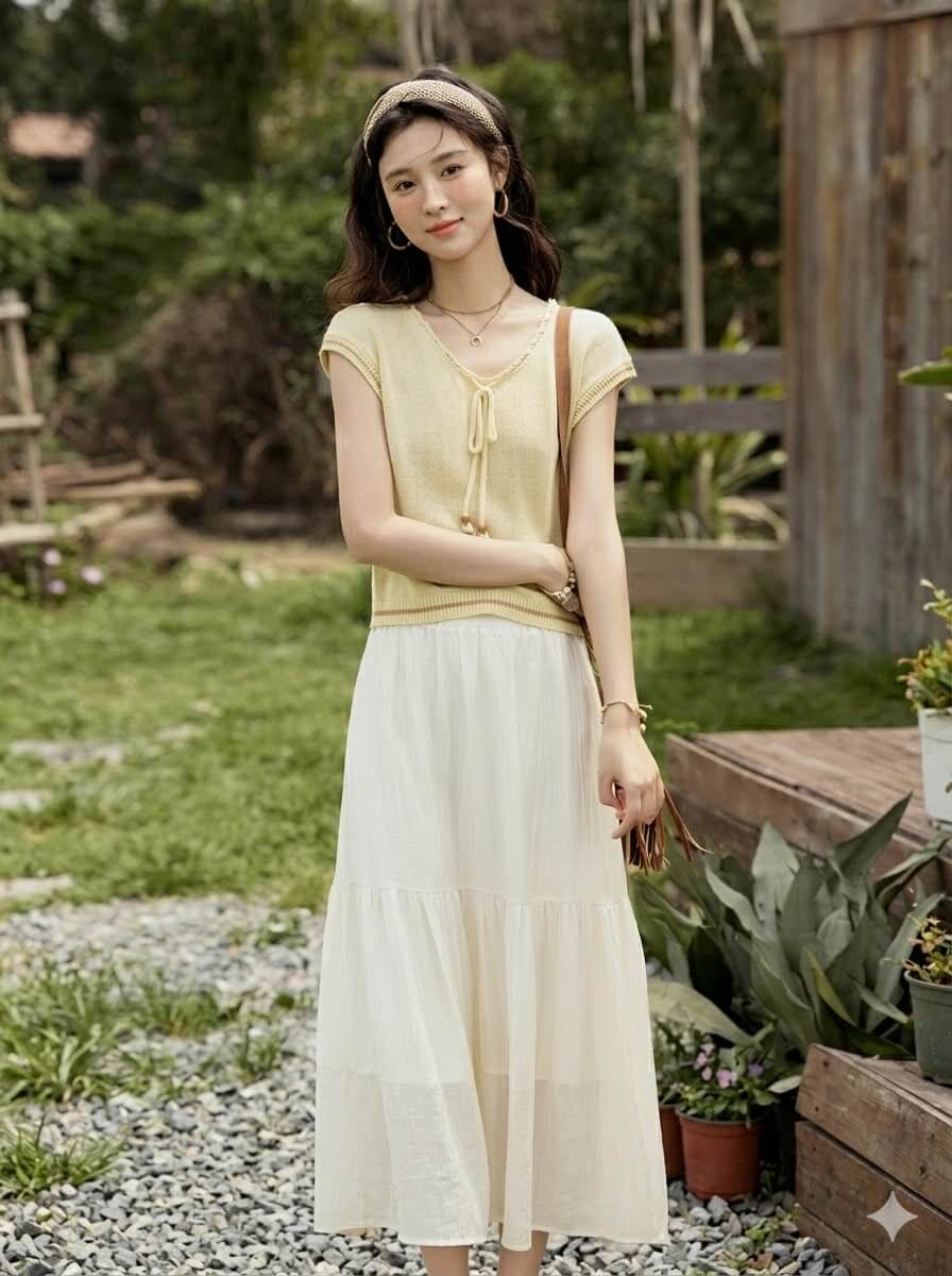 Minimalist Solid A-Line Midi Skirt with Elastic Waist - Shell Webbing Trim Summer Skirt for Women