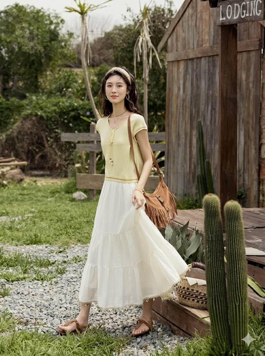 Minimalist Solid A-Line Midi Skirt with Elastic Waist - Shell Webbing Trim Summer Skirt for Women