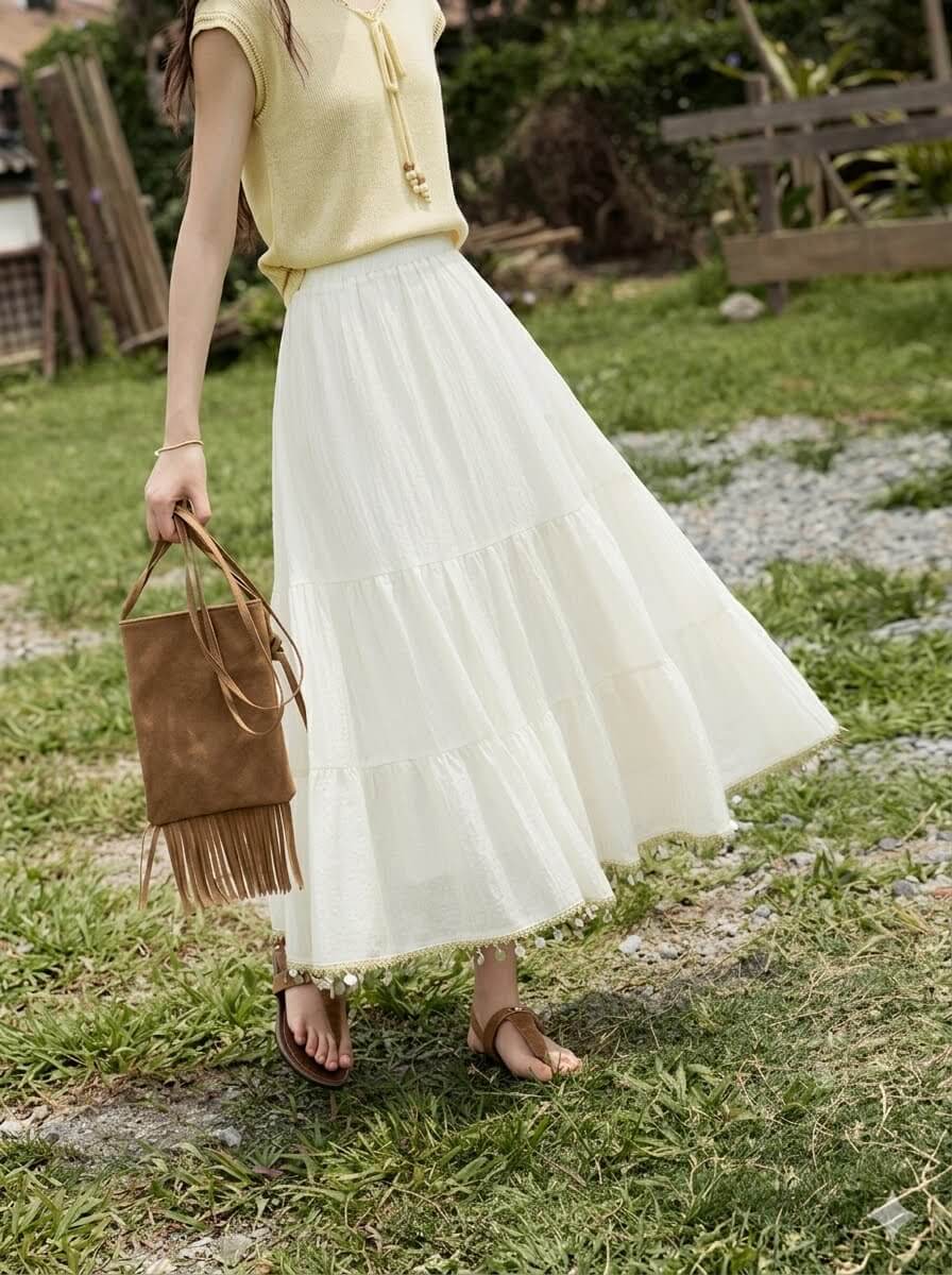 Minimalist Solid A-Line Midi Skirt with Elastic Waist - Shell Webbing Trim Summer Skirt for Women