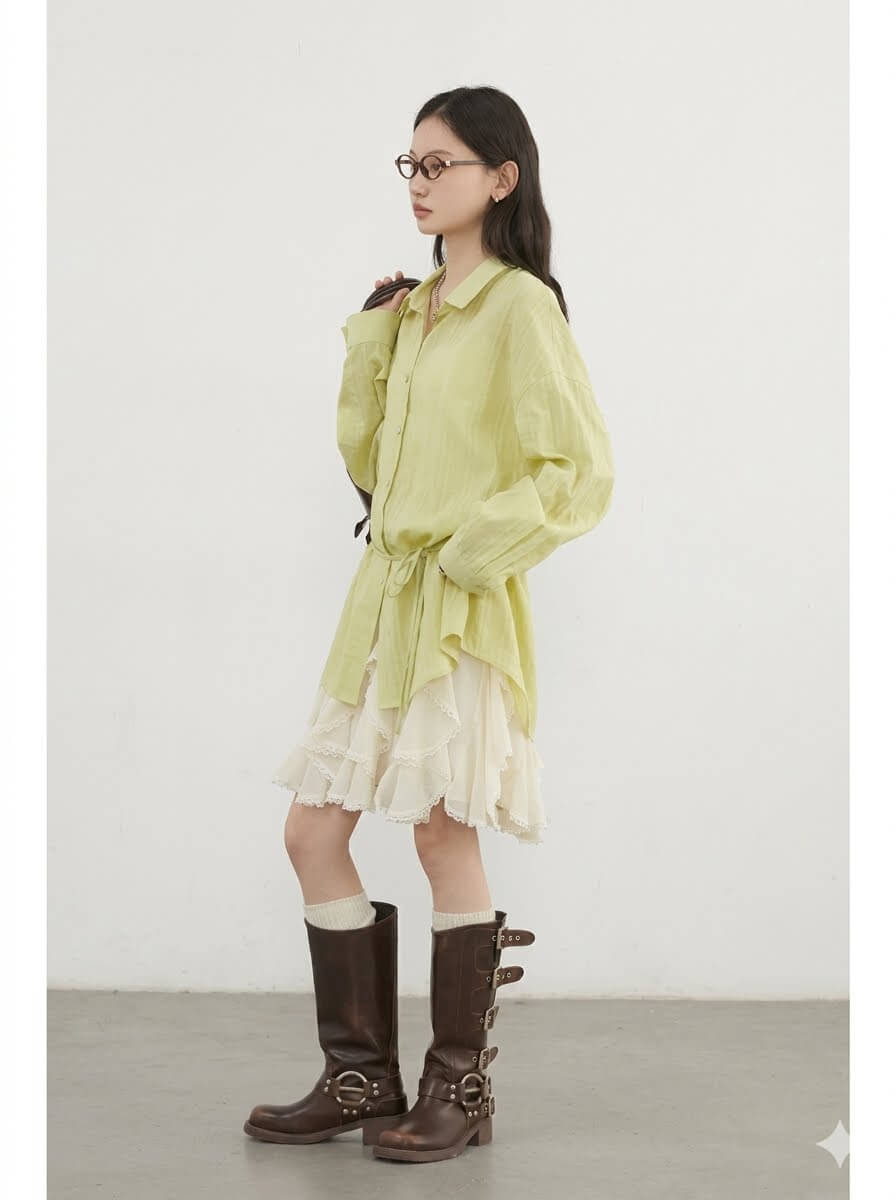 Korean Asymmetric Lace A-Line Skirt - High-Waisted Loose Casual Midi Skirt for Spring Summer