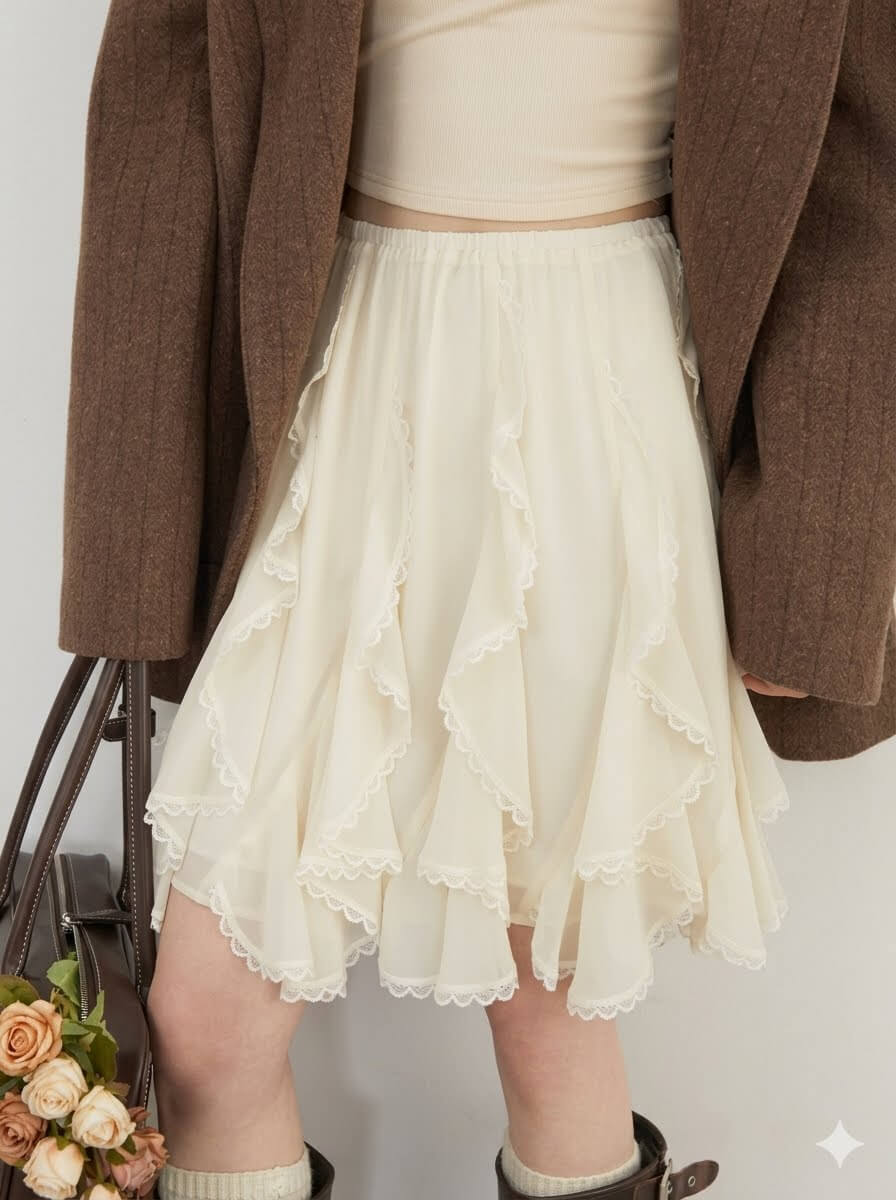 Korean Asymmetric Lace A-Line Skirt - High-Waisted Loose Casual Midi Skirt for Spring Summer