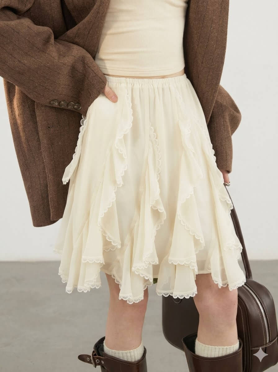 Korean Asymmetric Lace A-Line Skirt - High-Waisted Loose Casual Midi Skirt for Spring Summer
