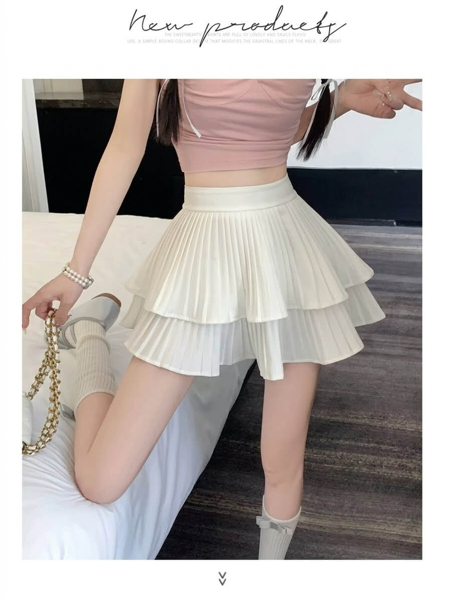 High-Waisted Ruffle Tiered Skirt - Solid Pleated A-Line Mini Skirt for Women, Sweet Summer Cake Skirt