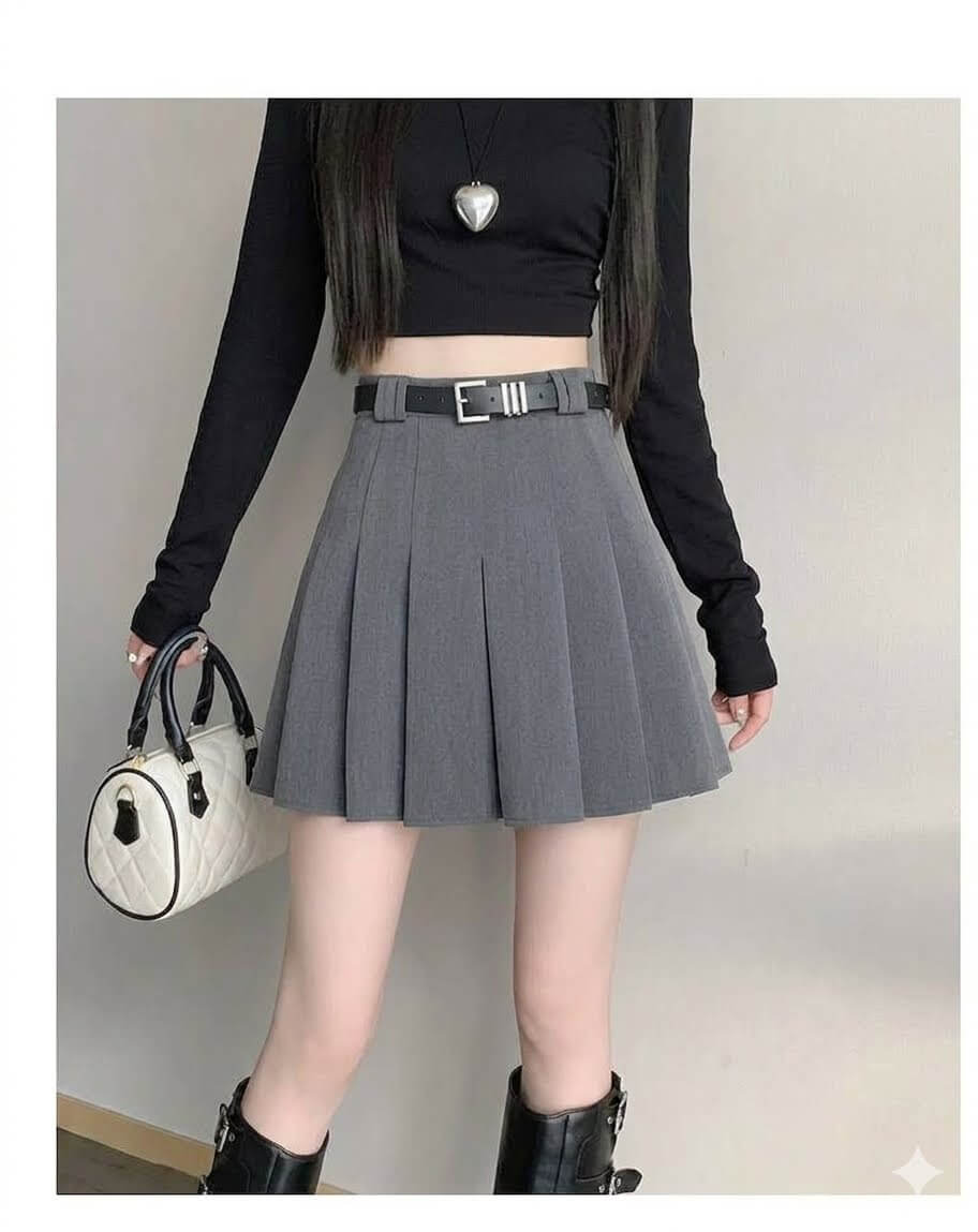 Preppy Style Pleated Mini Skirt - High-Waisted Gray A-Line Skirt for Summer, Casual School Girl Look