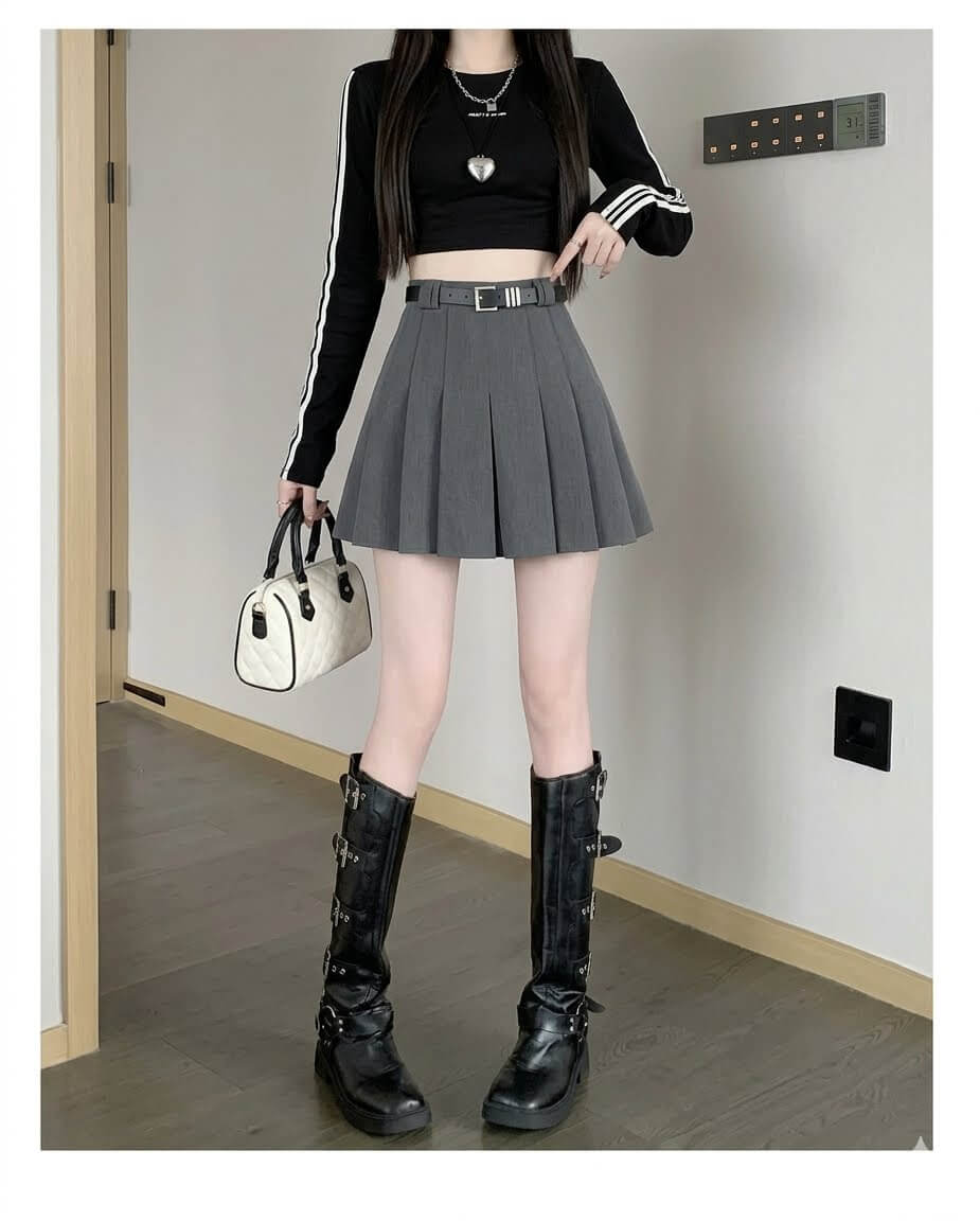 Preppy Style Pleated Mini Skirt - High-Waisted Gray A-Line Skirt for Summer, Casual School Girl Look