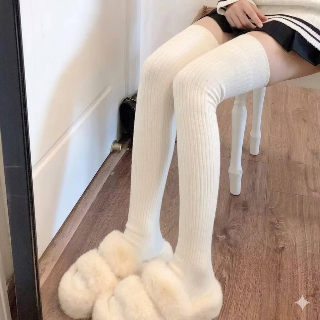 Japanese JK Lolita Over the Knee Socks for Women, Autumn Winter Cotton Thigh High Stockings, Vertical Striped Slimming Schoolgirl Long Socks