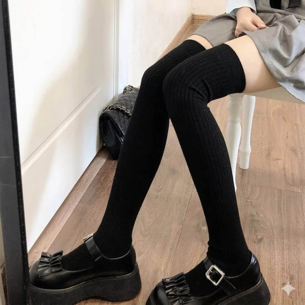 Japanese JK Lolita Over the Knee Socks for Women, Autumn Winter Cotton Thigh High Stockings, Vertical Striped Slimming Schoolgirl Long Socks
